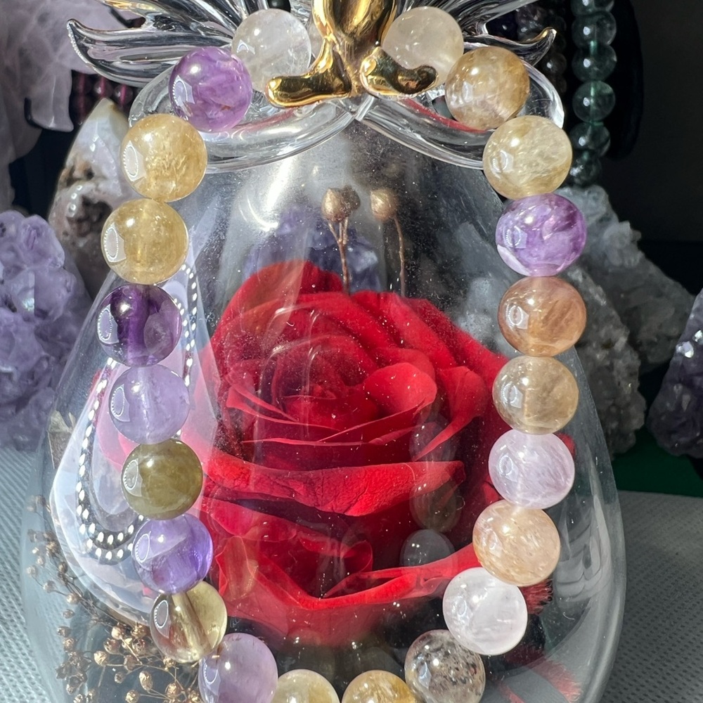 8MM Amethyst Citrine Mix Beaded Bracelet Natural Reiki Crystal Quartz 6.25”